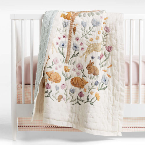 Wonderland Prairie Embroidered Organic Cotton Voile Baby Crib Quilt - Paulimo