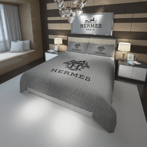 Hermes Paris Logo Grey Fashion Bedding Set - Paulimo