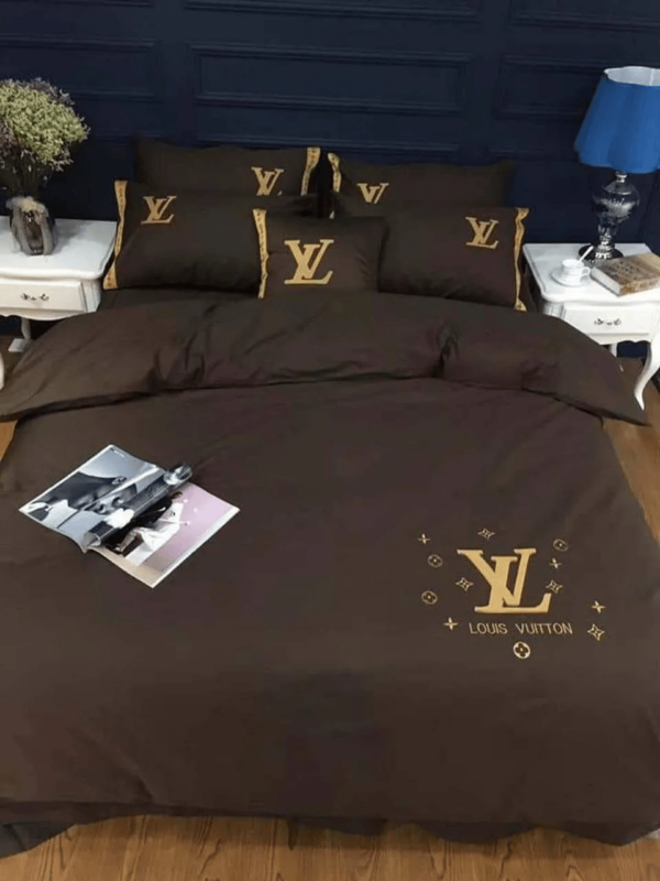 Louis Vuitton Basic Golden Logo Brown Bedding Set - Paulimo