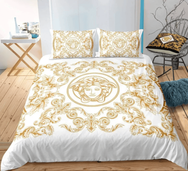 Versace Medusa Golden Pattern White Bedding Set - Paulimo