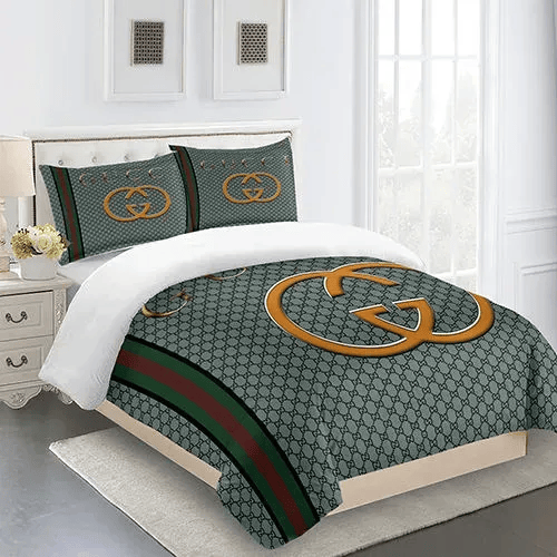 Gucci Fashion Golden Logo Bedding Set Duvet Cover Home Decor - Paulimo