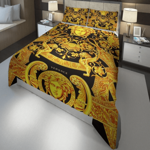 Versace England Barocco Logo Golden 3D Bedding Set Duvet Cover Home Decor - Paulimo