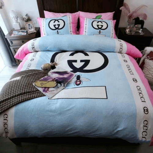 Gucci Light Blue Pink Bedding Set Duvet Cover Home Decor - Paulimo
